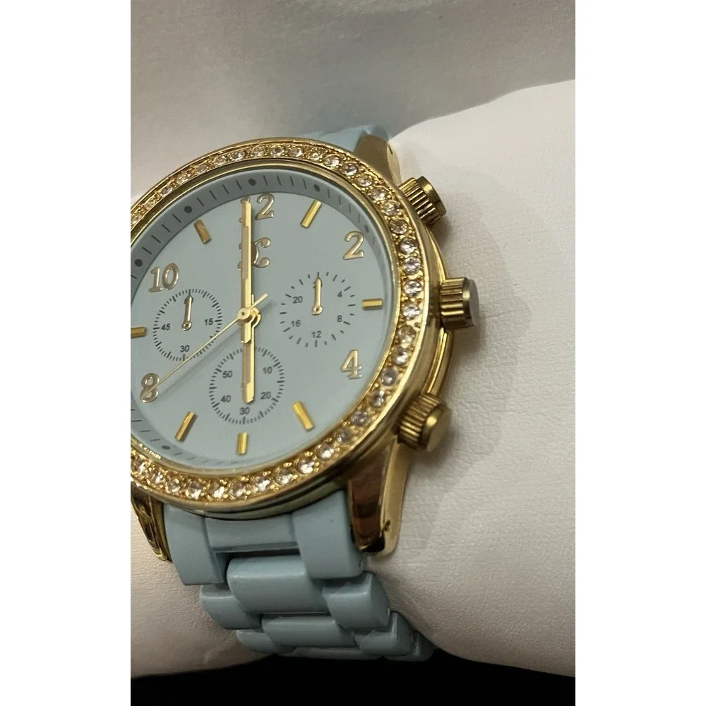 Charming Charlie Mint Aqua Blue Crystal Rhinestone Gold Tone Acrylic Band Watch
